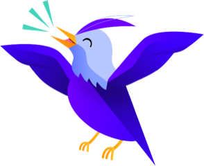 Illustration of Marty, a purple and blue bird, with wings spread wide and beak open, appears to be singing or shouting with excitement.