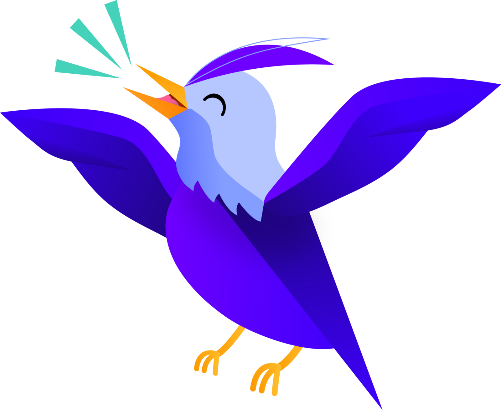 Illustration of a vibrant purple bird called Marty with a light blue head, orange beak, and orange legs. The bird is depicted in mid-flight with its wings spread wide, beak open, and musical notes emanating from its mouth, suggesting that it is singing or chirping joyfully