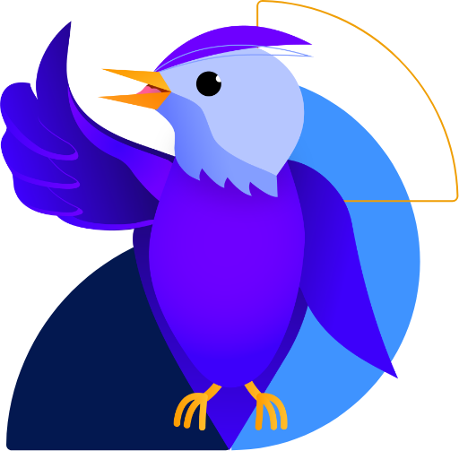 A colorful, cartoon-style bird giving a thumbs up. The bird has a light blue head with a small crest and a bright yellow beak. Its body and wings are primarily purple, with the wing on the left side raised in a thumbs-up gesture. The bird has yellow legs and feet, and a cheerful expression with its beak slightly open.