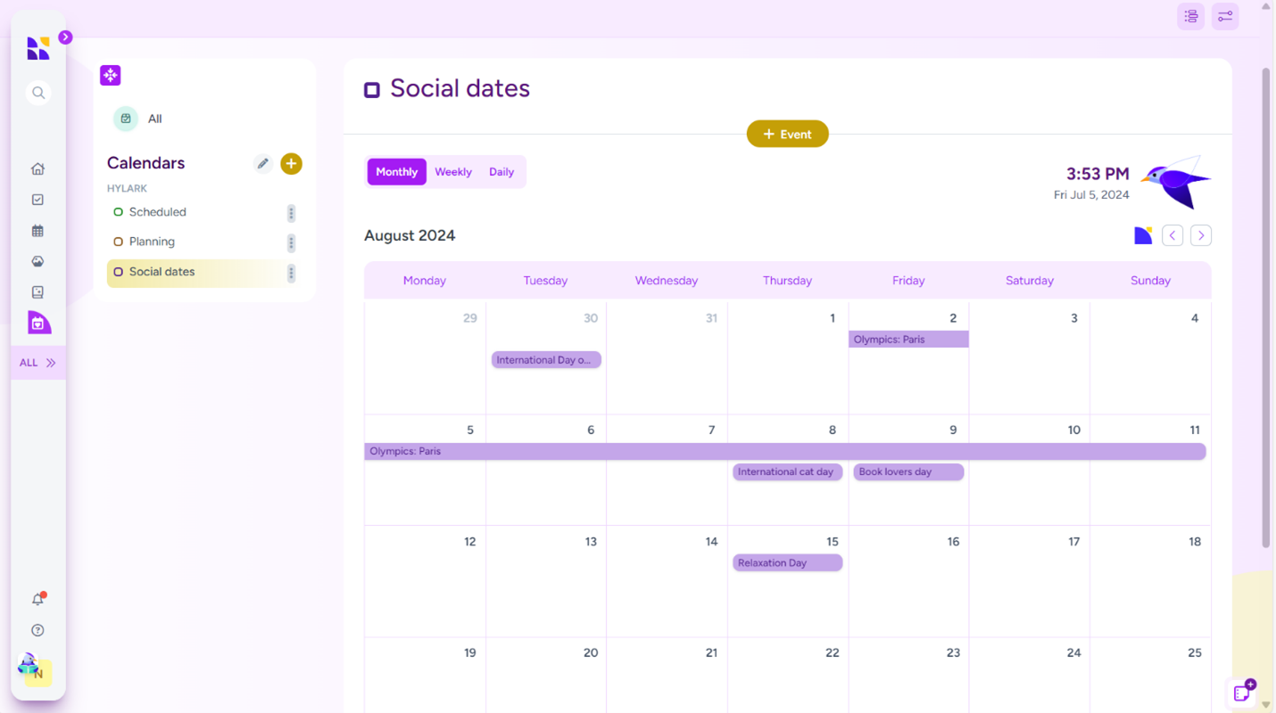 A screenshot of a "Social dates" calendar within the Hylark application. The screen is divided into several sections:

Left Sidebar: Contains navigation icons and a small profile icon at the bottom. The sidebar shows calendar categories under "Calendars" with options such as "Scheduled," "Planning," and "Social dates," with the latter being highlighted. There's also an "All" option at the top and a button to add a new calendar.

Main Section: Displays a monthly calendar view for August 2024. Specific dates are marked with events, such as "Olympics: Paris" spanning from August 1st to August 11th, "International Day of..." on July 30th, "International cat day" on August 8th, "Book lovers day" on August 9th, and "Relaxation Day" on August 15th. The calendar is primarily in shades of purple.

Top Right Section: Shows the current time (3:53 PM) and date (Friday, July 5, 2024) with a small bird logo next to it. There are also navigation arrows to move between different calendar views and a button labeled "+ Event" to add new events.

The overall design features a clean, pastel color scheme dominated by shades of purple.