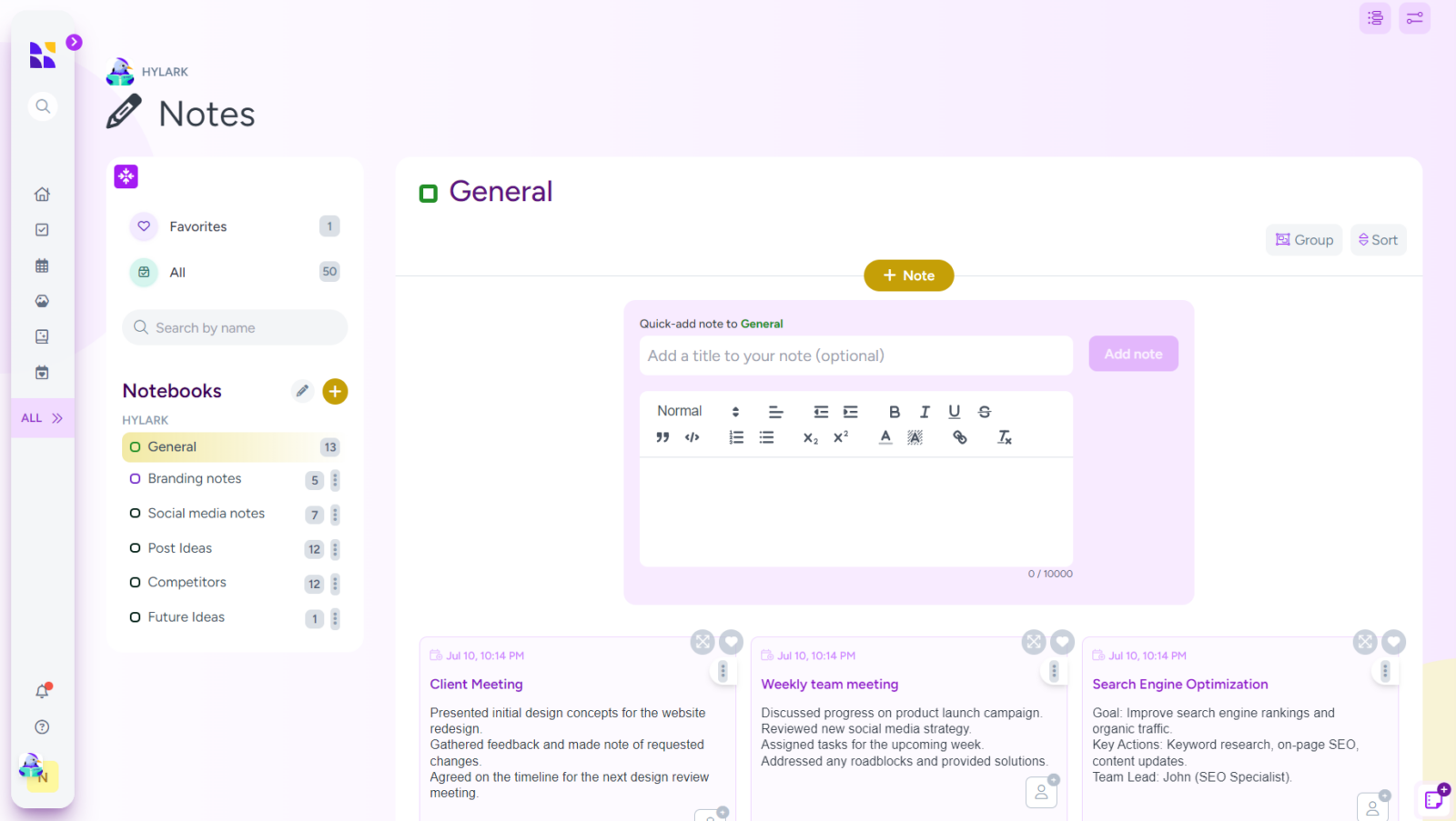 A screenshot of the "Notes" section in the Hylark app, used as a work wiki. The screen is divided into:

Left Sidebar: Contains navigation icons, a profile icon, and a list of notebooks including "General," "Branding notes," "Social media notes," "Post Ideas," "Competitors," and "Future Ideas." The "General" notebook is highlighted.

Main Section: Titled "General," it features a note editor at the top with options to add a title and format text. Below the editor are existing notes, such as "Client Meeting," "Weekly team meeting," and "Search Engine Optimization," each with brief summaries and timestamps.

The design features a clean layout with a pastel color scheme, dominated by shades of purple and yellow accents.