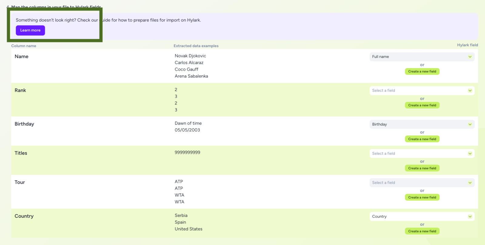 A screenshot of the "Map the columns in your file to Hylark fields" section in the Hylark app. It shows a table for mapping imported data columns to Hylark fields with three columns:

Column name: Lists data fields like "Name," "Rank," "Birthday," "Titles," "Tour," and "Country."
Extracted data examples: Displays sample data for each field, such as "Novak Djokovic," "Carlos Alcaraz," and "Coco Gauff" for "Name," and "2" and "3" for "Rank."
Hylark field: Dropdown menus to select corresponding Hylark fields or create new ones. Options like "Full name," "Birthday," and "Country" are pre-selected.
A highlighted box at the top provides a link for troubleshooting and preparation guidance. The design features a clean layout with pastel green and purple accents.