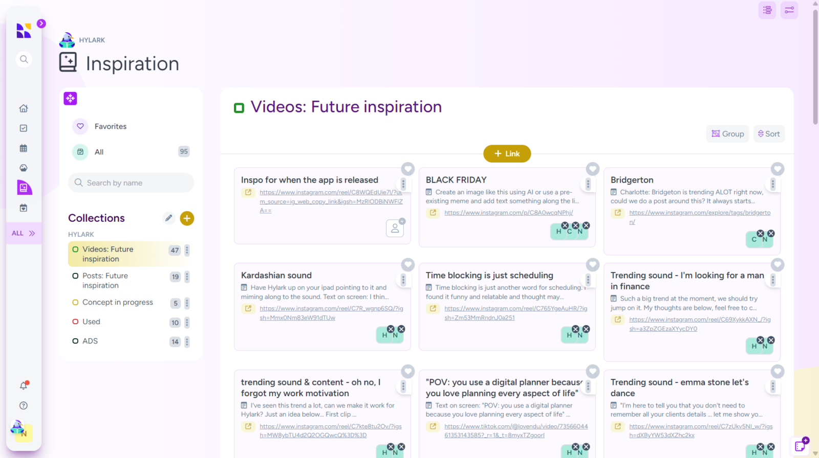 A screenshot of the "Inspiration" section in the Hylark app. The screen is divided into:

Left Sidebar: Contains navigation icons, a profile icon, and collections like "Videos: Future inspiration," "Posts: Future inspiration," "Concept in progress," "Used," and "ADS." The highlighted collection is "Videos: Future inspiration."

Main Section: Displays a grid of inspiration cards titled "Videos: Future inspiration." Each card contains a title, brief description, and a link to related content. Examples include "Inspo for when the app is released," "BLACK FRIDAY," "Bridgerton," "Kardashian sound," "Time blocking is just scheduling," and more.

The design features a clean layout with a pastel color scheme dominated by shades of purple and yellow accents.