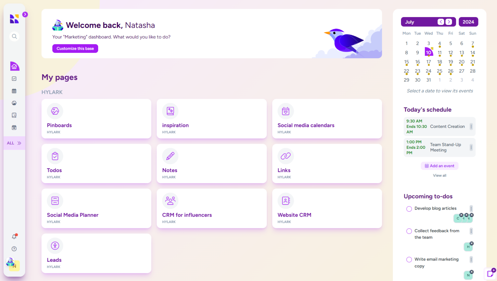 A screenshot of a dashboard with the greeting "Welcome back, Natasha" and a message, "Your 'Marketing' dashboard. What would you like to do?" in the top section, along with a bird logo on the right. Below, the dashboard is divided into sections titled "My pages" with various modules like "Pinboards," "Inspiration," "Social media calendars," "Todos," "Notes," "Links," "Social Media Planner," "CRM for influencers," and "Website CRM" under the "Hylark" category. Other categories, "Ezekia" and "NAL," contain additional modules like "Links," "Inspiration," and "Notes." On the right side, there's a calendar for June 2024, today's schedule indicating a clear day, and a list of upcoming to-dos with tasks and deadlines. The left sidebar contains navigation icons and a small profile icon at the bottom.