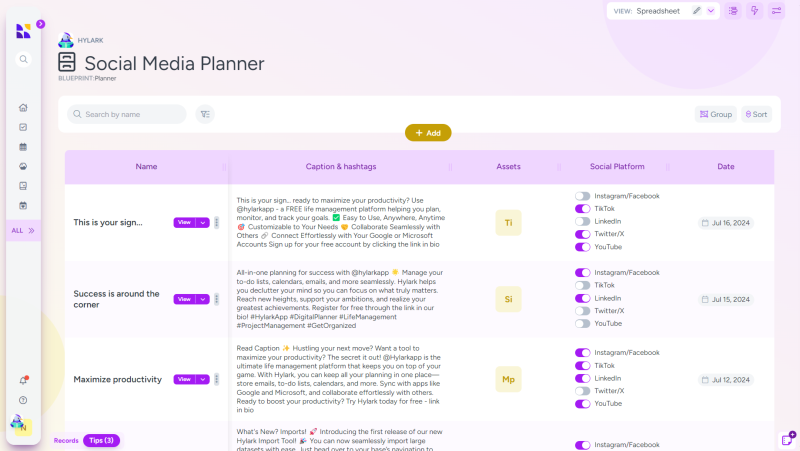 A screenshot of the "Social Media Planner" in the Hylark app. It shows a spreadsheet with columns for "Name," "Caption & hashtags," "Assets," "Social Platform," and "Date." Post titles include "This is your sign...," "Success is around the corner," and "Maximize productivity." Each post has detailed captions, hashtags, and selected social platforms like Instagram, TikTok, LinkedIn, Twitter, and YouTube, with toggles indicating selected platforms. Scheduled dates range from July 12, 2024, to July 16, 2024. The left sidebar contains navigation icons.