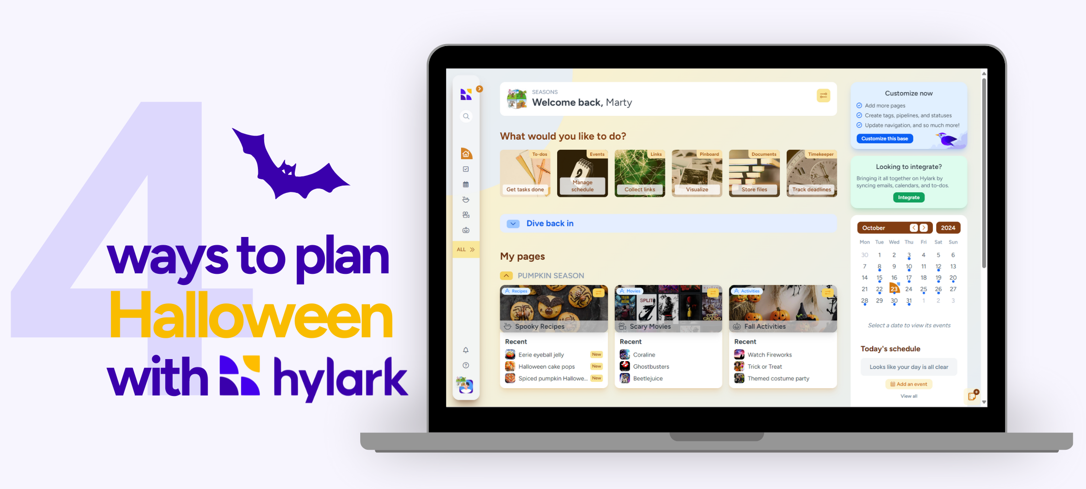 A halloween digital planner on Hylark. Graphic showing a laptop with the Hylark dashboard open, highlighting Halloween-themed planning options. Text reads '4 ways to plan Halloween with Hylark,' accompanied by a bat icon for a festive touch