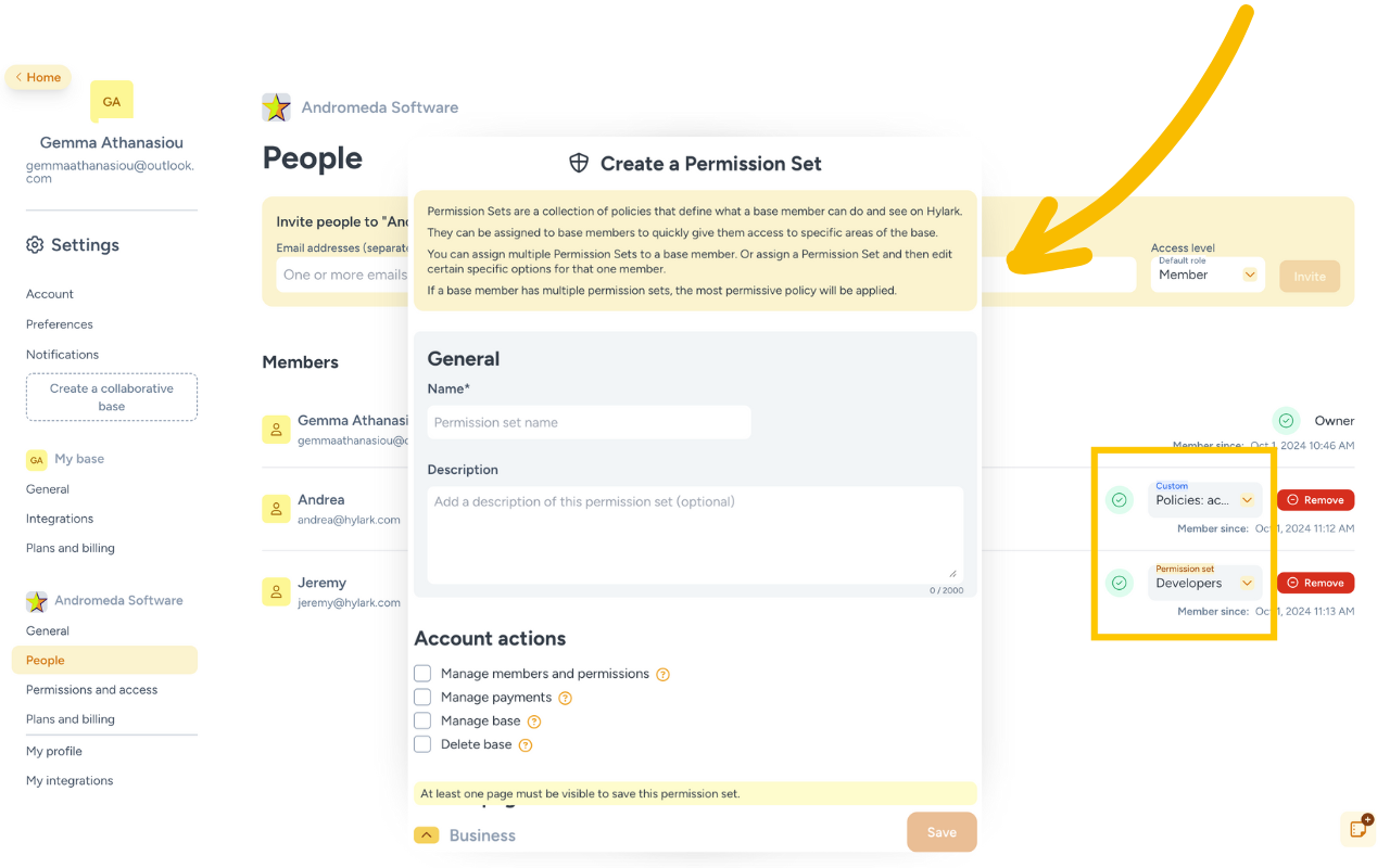 Screenshot of the 'Create a Permission Set' window on the Hylark platform, showing options to define permission sets for members. The left sidebar displays settings, with 'People' highlighted. The overlay window allows users to name and describe a permission set, and select account actions such as managing members, payments, or the base. A large yellow arrow points to the 'Create a Permission Set' window, and a highlighted section on the right shows custom permission sets and roles assigned to team members, with options to customize or remove them.