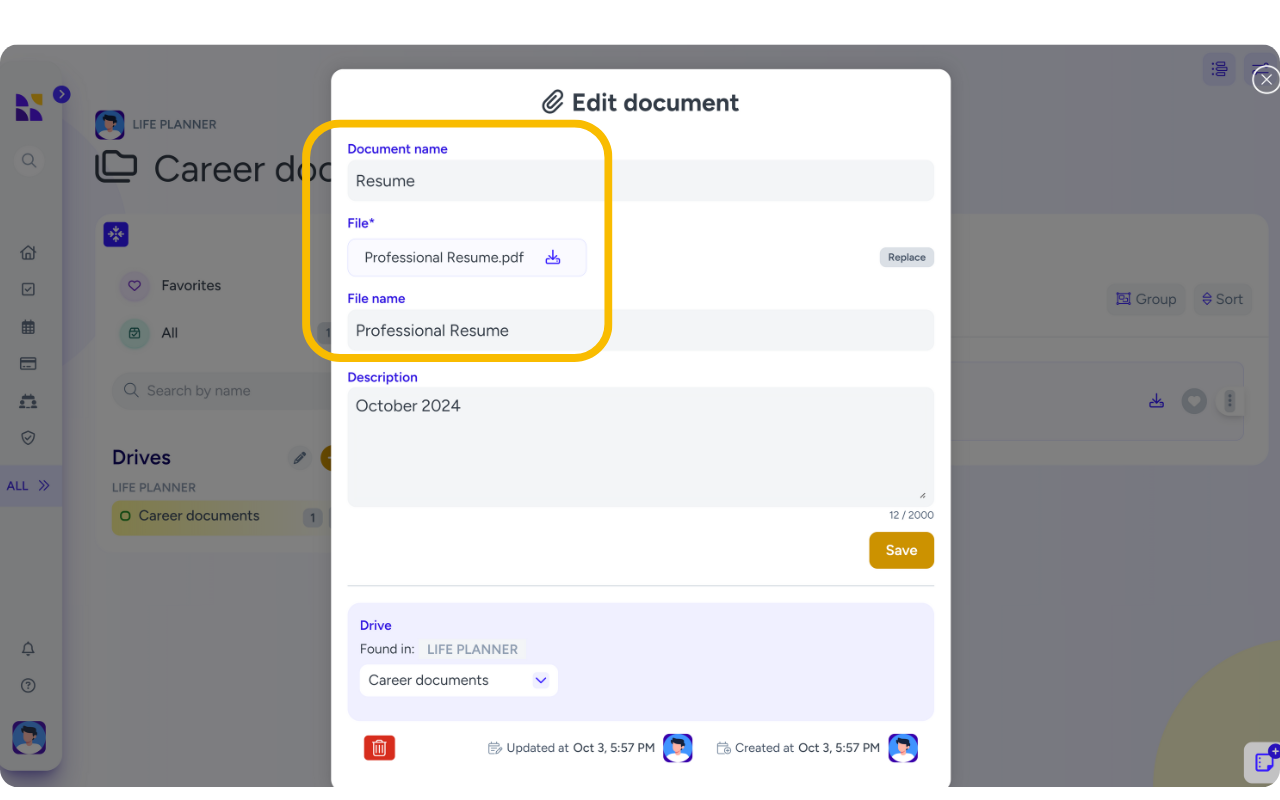 Screenshot of the 'Edit document' screen on the Hylark platform, showing details of a document named 'Resume.' The form fields include 'Document name,' 'File,' 'File name,' and 'Description,' with the document labeled as 'Professional Resume.pdf.' A yellow arrow points to the document details section, highlighting where users can edit information. The left sidebar menu shows the 'Life Planner' section, and a 'Drives' folder named 'Career documents' is visible, indicating where the file is stored. Buttons to save, delete, and manage the file are located at the bottom of the screen.