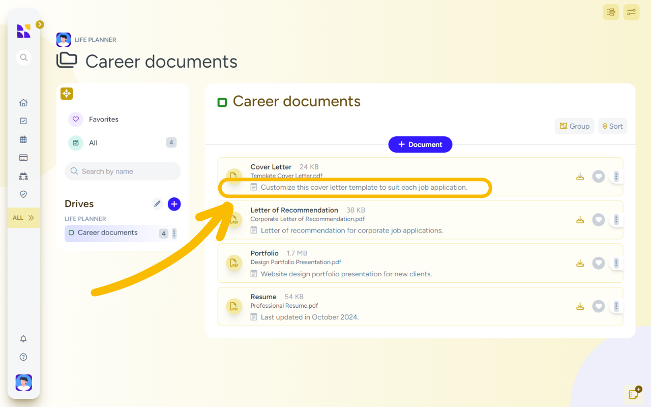 Screenshot of the 'Edit document' screen on the Hylark platform, showing details of a document named 'Resume.' The form fields include 'Document name,' 'File,' 'File name,' and 'Description,' with the document labeled as 'Professional Resume.pdf.' A yellow arrow points to the document details section, highlighting where users can edit information. The left sidebar menu shows the 'Life Planner' section, and a 'Drives' folder named 'Career documents' is visible, indicating where the file is stored. Buttons to save, delete, and manage the file are located at the bottom of the screen.