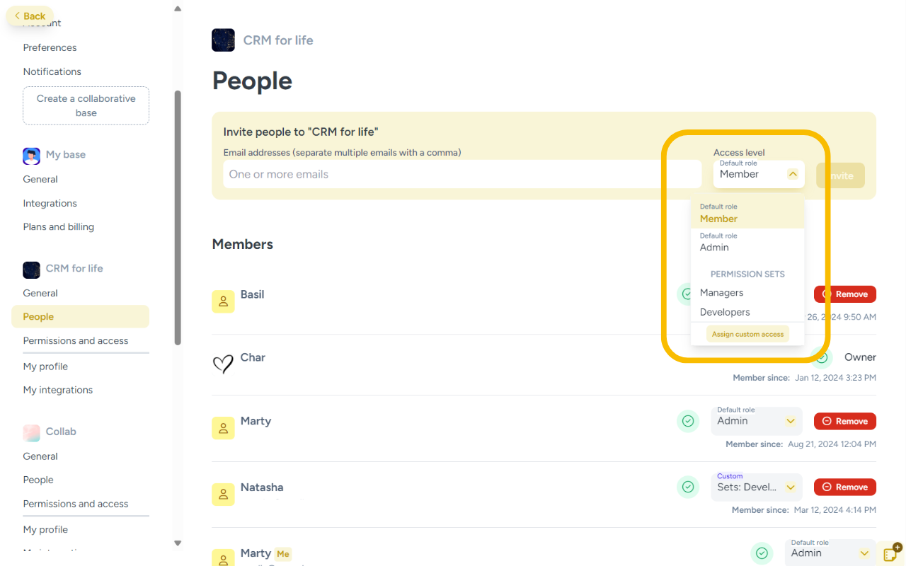 Screenshot of the 'People' settings page on the Hylark platform, displaying a list of members and their assigned roles. The left sidebar highlights the 'People' section under the 'CRM for life' workspace. The top of the page features an invite field to add new members. A dropdown menu is shown, allowing users to select access levels such as 'Member,' 'Admin,' or predefined permission sets like 'Managers' and 'Developers.' The menu is highlighted by a yellow outline, emphasizing the customization options for assigning access roles.