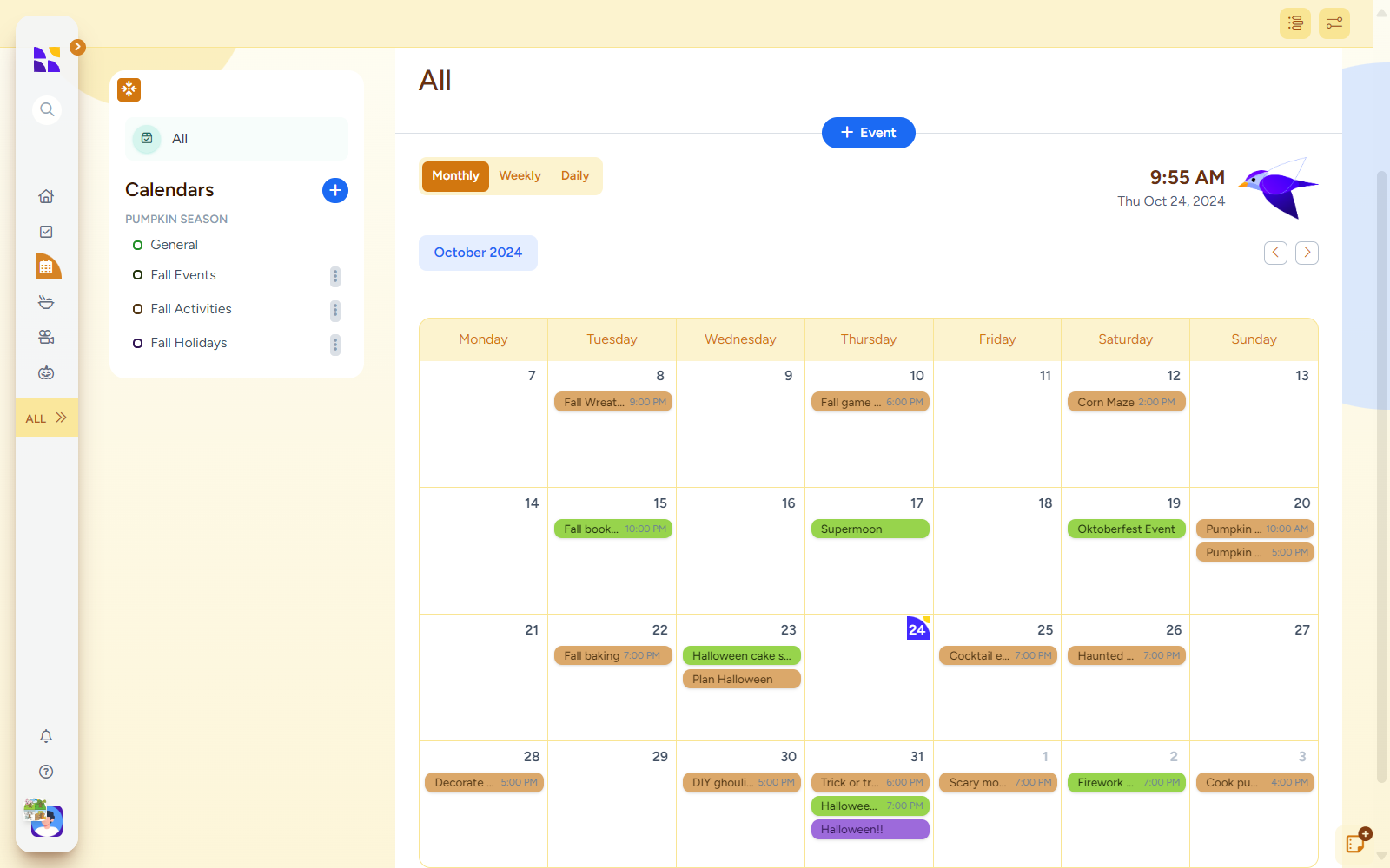 A screenshot of Hylark’s Halloween digital planner calendar view, showing scheduled events for October 2024. The calendar includes Halloween-themed activities such as "Fall wreath making," "Pumpkin carving," and "Halloween cake setup." Different events are color-coded, and users can switch between monthly, weekly, and daily views. This calendar feature helps users plan and keep track of Halloween events in an organized way, with options to add and manage events seamlessly.