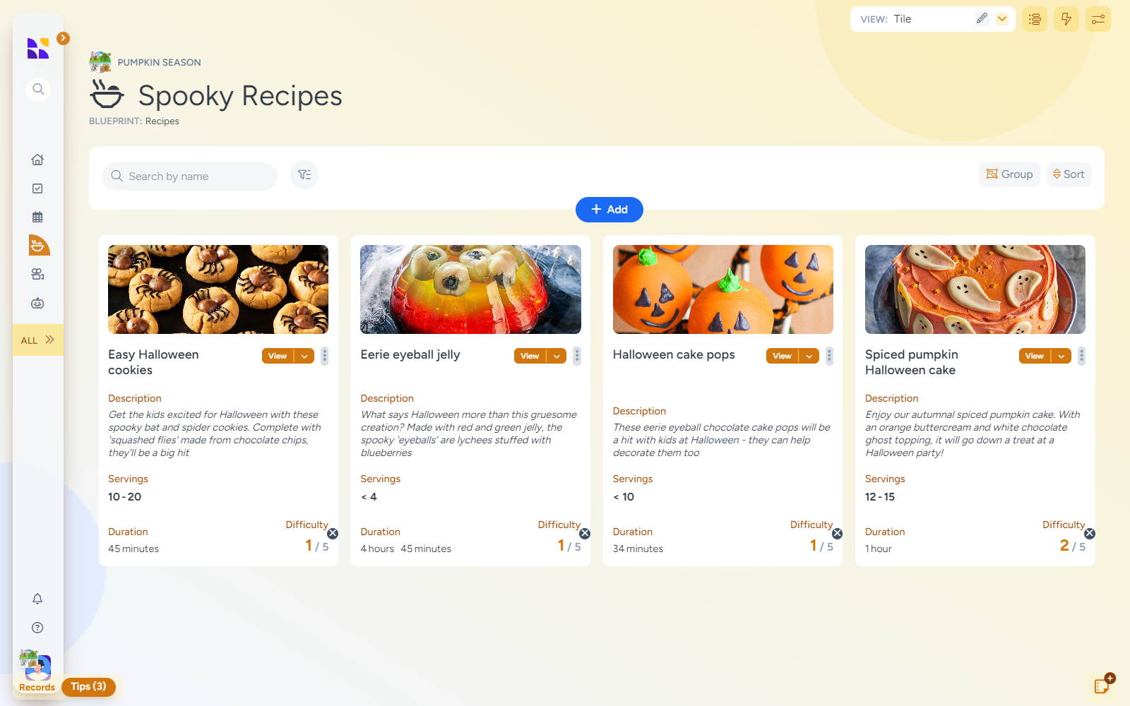 A screenshot of the "Spooky Recipes" section within the Halloween digital planner on Hylark. The interface displays recipe cards for Halloween-themed treats, including "Easy Halloween cookies," "Eerie eyeball jelly," "Halloween cake pops," and "Spiced pumpkin Halloween cake." Each card includes a brief description, serving size, preparation duration, and difficulty rating, allowing users to save and organize Halloween recipes easily in one place. The layout is designed to be user-friendly, with options to sort and group recipes for easy access.