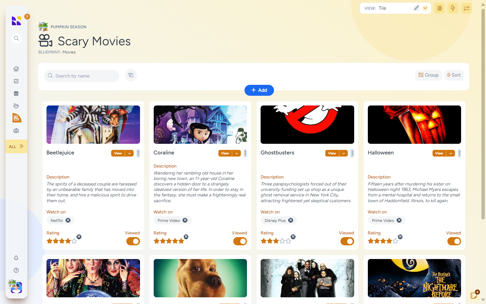 A screenshot of the "Scary Movies" section in Hylark’s Halloween digital planner, showcasing a collection of Halloween movie suggestions like "Beetlejuice," "Coraline," "Ghostbusters," and "Halloween." Each movie entry provides a description, viewing platform, and rating, allowing users to organize their Halloween movie marathon or spooky film night all in one place.