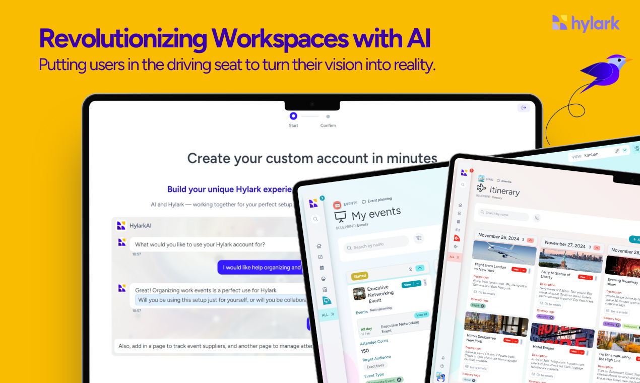 A promotional banner for Hylark AI, an AI-built custom platform designed to build personalized digital workspaces in minutes. The image features screenshots of event planning and itinerary tools with the tagline "Putting users in the driving seat to turn their vision into reality," emphasizing empowerment and flexibility.