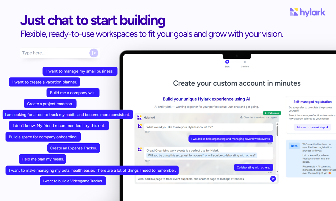 A screenshot demonstrating Hylark AI’s chat-driven setup process on its AI-built custom platform. The interface highlights user prompts like "I want to manage my small business" and "Help me plan my meals," showcasing the platform’s adaptability and ease in creating tailored digital solutions for various needs.