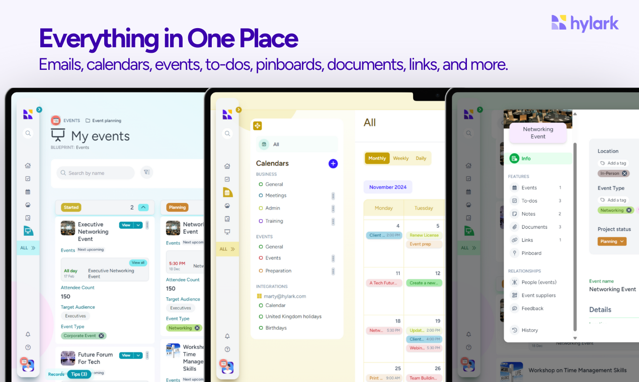 An overview of Hylark AI’s AI-built custom platform, showcasing its comprehensive dashboard for managing calendars, events, to-dos, pinboards, and documents. The interface emphasizes its all-in-one solution for personal and professional organization, designed to simplify and streamline workflows.