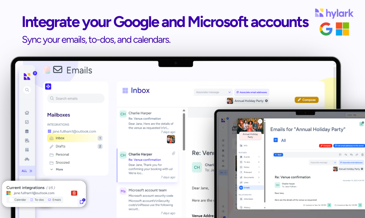 A visual showcasing Hylark AI’s seamless integration capabilities as an AI-built custom platform. The interface highlights synchronized emails, to-dos, and calendars across Google and Microsoft accounts, demonstrating how Hylark centralizes workflows for efficiency and ease of use.