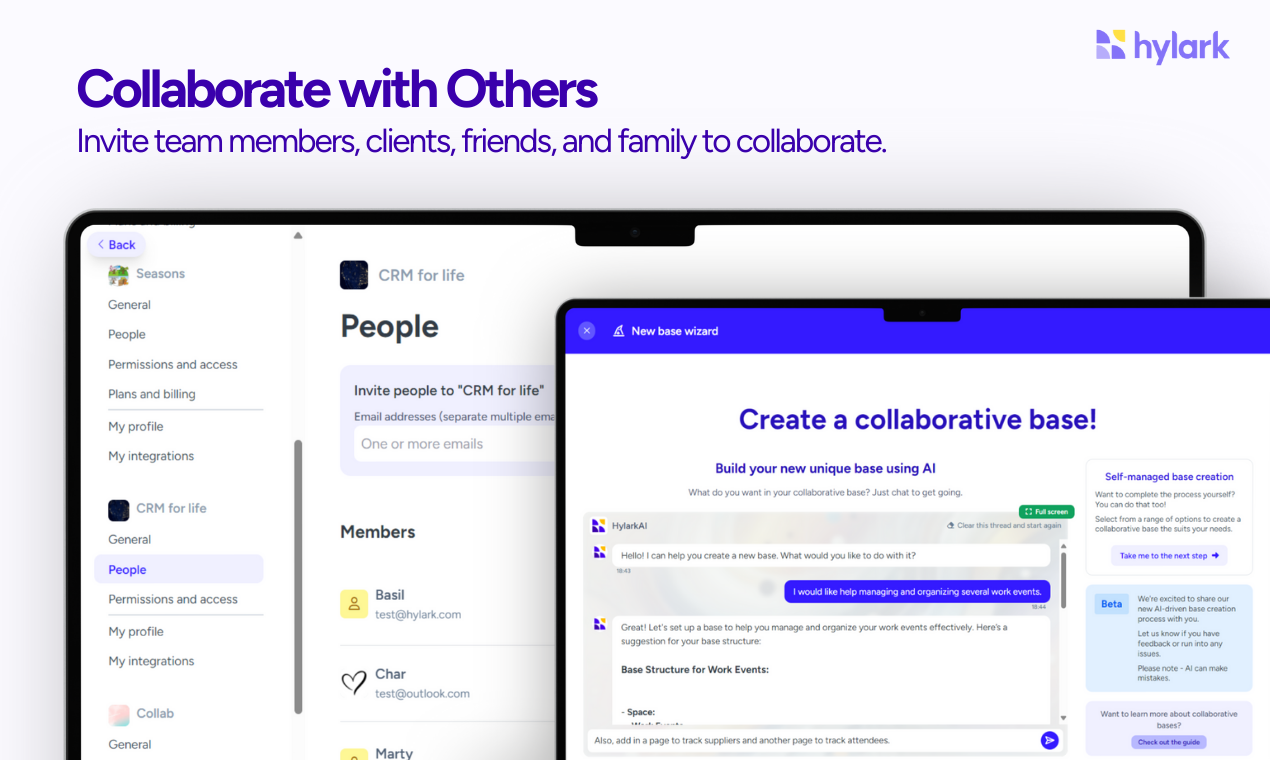 A screenshot of Hylark AI’s collaboration tools, featuring an intuitive AI-built custom platform for inviting team members, clients, and family to work on shared projects. The interface displays options for managing permissions and a chat-driven "New base wizard" setup, highlighting how Hylark streamlines collaboration with its customizable features.