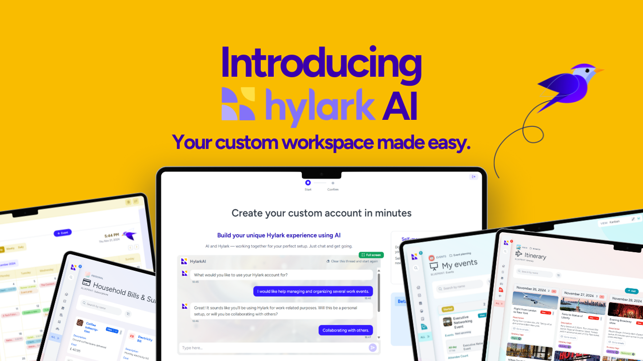 "Introducing Hylark AI" promotional banner. The text says "Your custom workspace made easy" and "Create your custom account in minutes," highlighting Hylark AI's ability to build personalized workspaces. Multiple device screens display the Hylark platform, showing examples like event planning, itineraries, and bill management. A purple bird icon is included on the right against a bright yellow background.