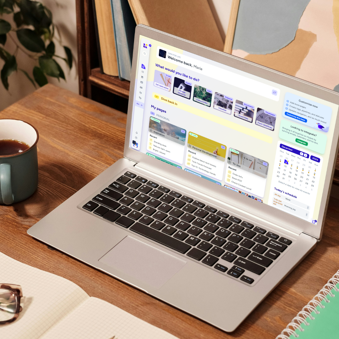 A cozy workspace featuring a laptop displaying the Hylark AI interface, an AI-tailored custom platform designed for life management and digital workspaces. The screen showcases a personalized dashboard with tools for task management, scheduling, and page customization, emphasizing Hylark's AI-powered platform for seamless organization. The wooden desk is styled with a green coffee mug, an open notebook, and eyeglasses, creating a practical yet inviting environment for productivity. In the background, books and abstract wall art add a warm and inspiring touch, reflecting the versatility and user-focused design of the platform.