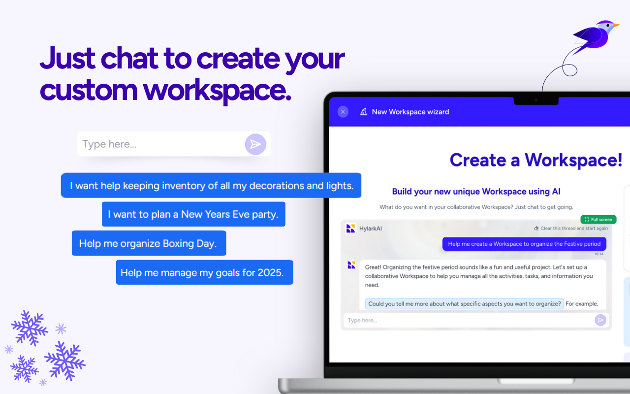 A promotional image for Hylark showcasing its AI-powered custom workspace creation tool. The screen displays a chat interface where users can request help organizing tasks such as inventorying decorations, planning New Year’s Eve parties, and managing Boxing Day. The text highlights how users can simply chat with the AI to create personalized workspaces for the festive season. Snowflake graphics and a purple bird logo add a festive touch.