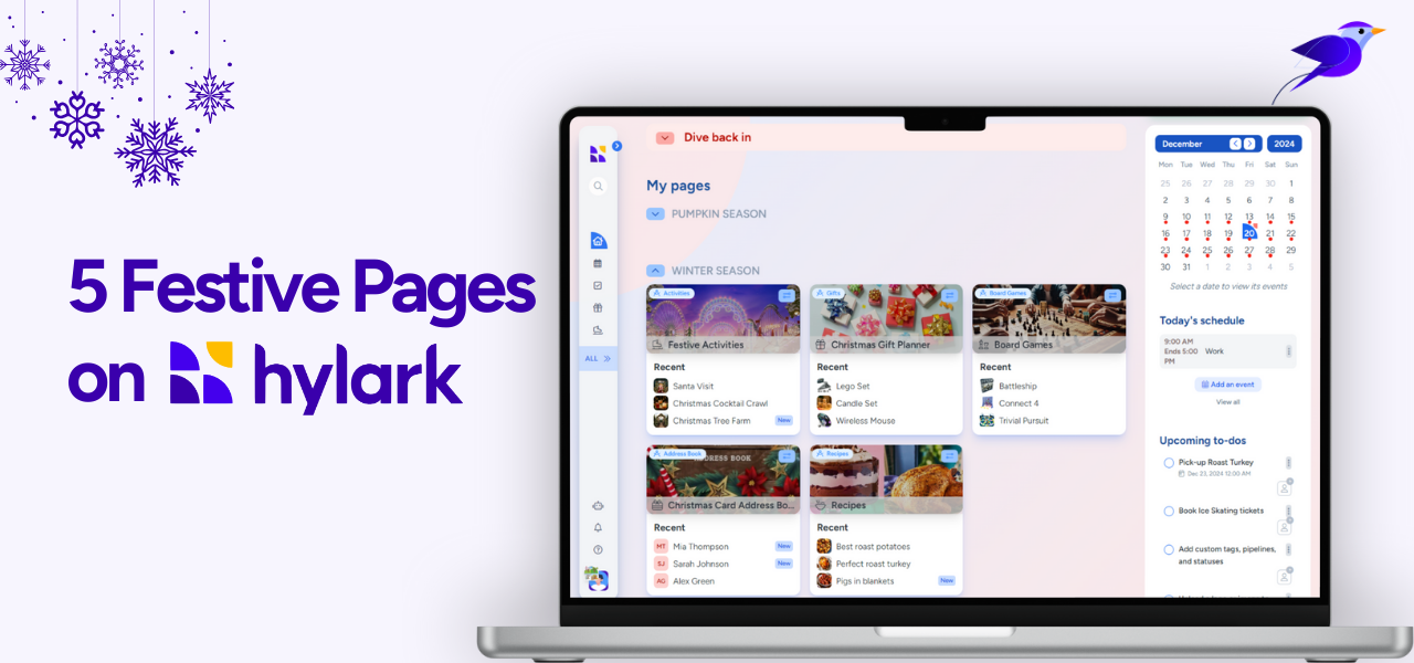 A laptop screen displaying Hylark's digital organization platform with five festive planning pages, including a Festive Activities Tracker, Christmas Gift Planner, Christmas Card Address Book, Recipes, and Board Games Inventory. The interface shows a calendar, to-do list, and schedule for holiday planning. Purple snowflakes and a bird logo decorate the design, with the title "5 Festive Pages on Hylark" featured on the left.