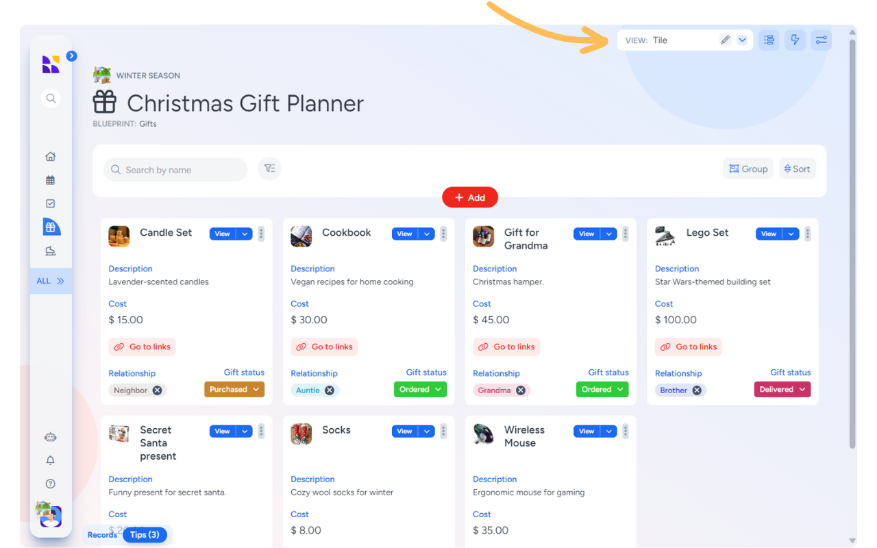 A tile-view page in Hylark featuring a Christmas Gift Planner. Each card includes a gift description, cost, links, relationship tags, and purchase status. Color-coded statuses such as "Ordered" and "Delivered" make tracking progress easy.