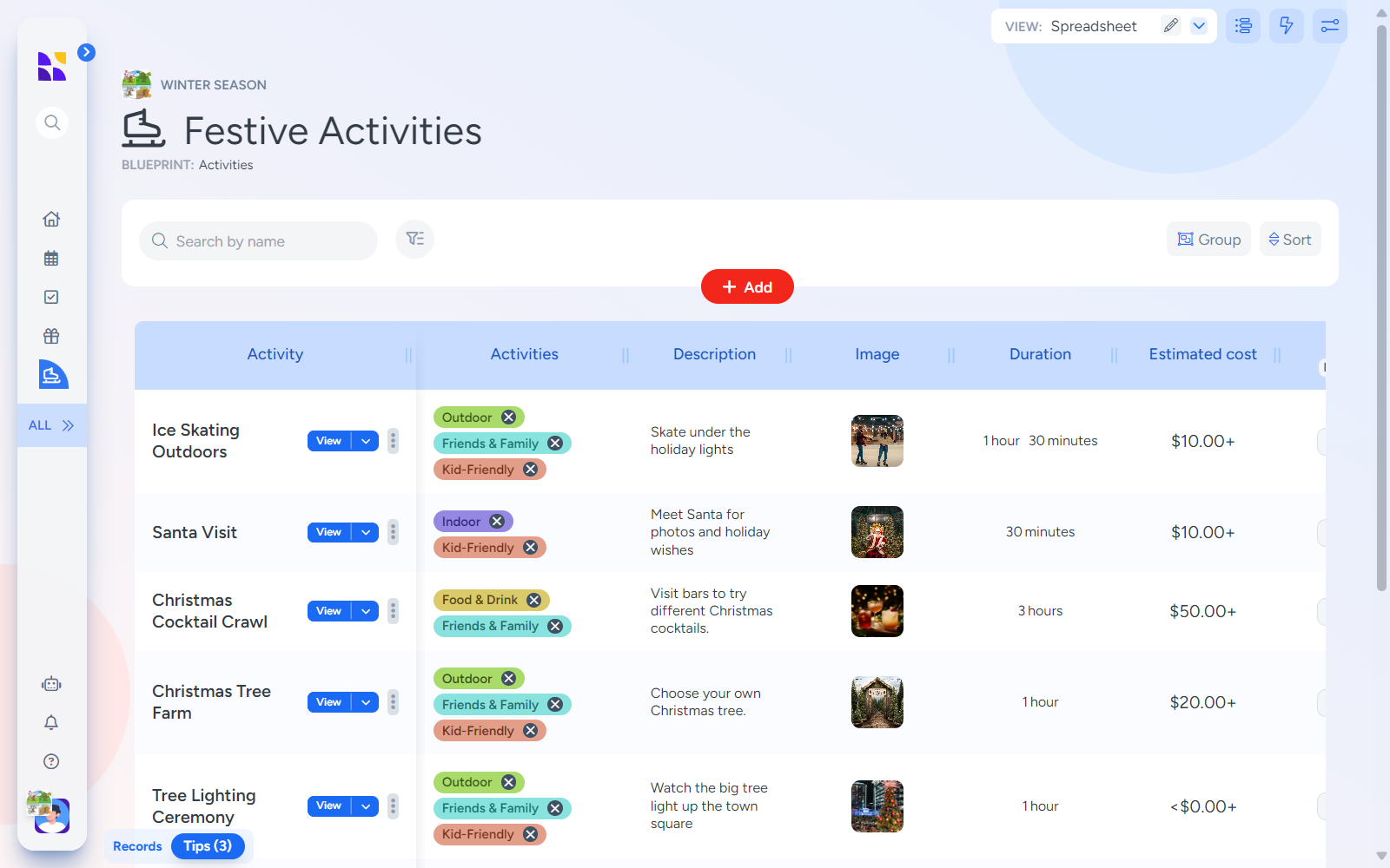 A digital spreadsheet-style page in Hylark showcasing a Festive Activities Tracker. Includes columns for activity names, tags, descriptions, images, durations, and estimated costs, with colorful labels for categories like "Outdoor" and "Kid-Friendly." Features editable fields and sorting options for flexible planning.