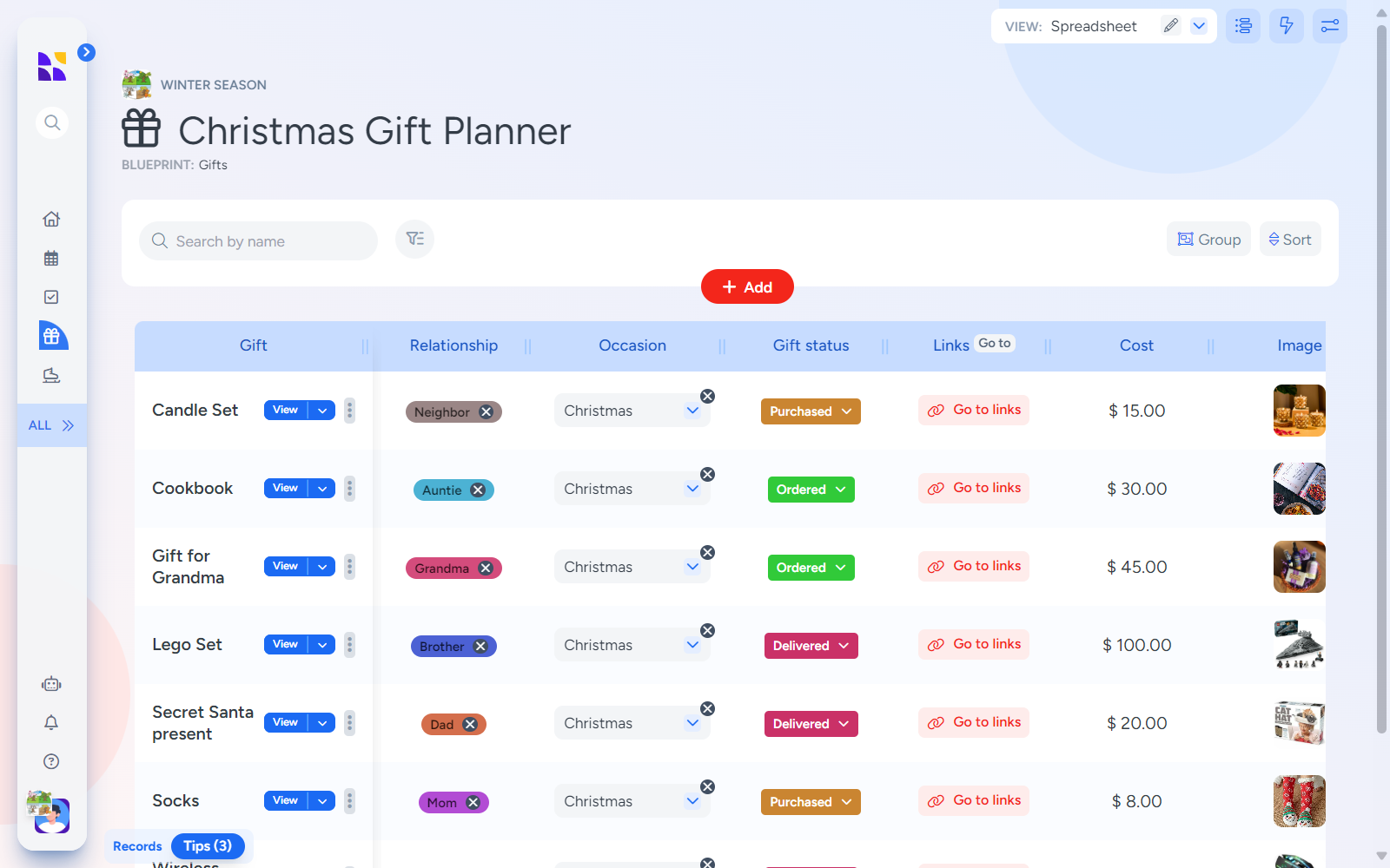 A digital spreadsheet-style page in Hylark displaying a Christmas Gift Planner. Includes columns for gift names, relationships, occasions, statuses, links, costs, and images. Color-coded tags indicate purchase statuses like "Ordered" and "Delivered," with clickable links for easy tracking.