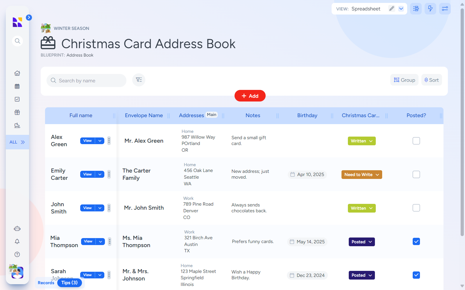 A digital spreadsheet-style page in Hylark displaying a Christmas Card Address Book. Includes columns for names, addresses, notes, birthdays, and statuses. Features tags like "Written" and "Posted," along with checkboxes for tracking progress.