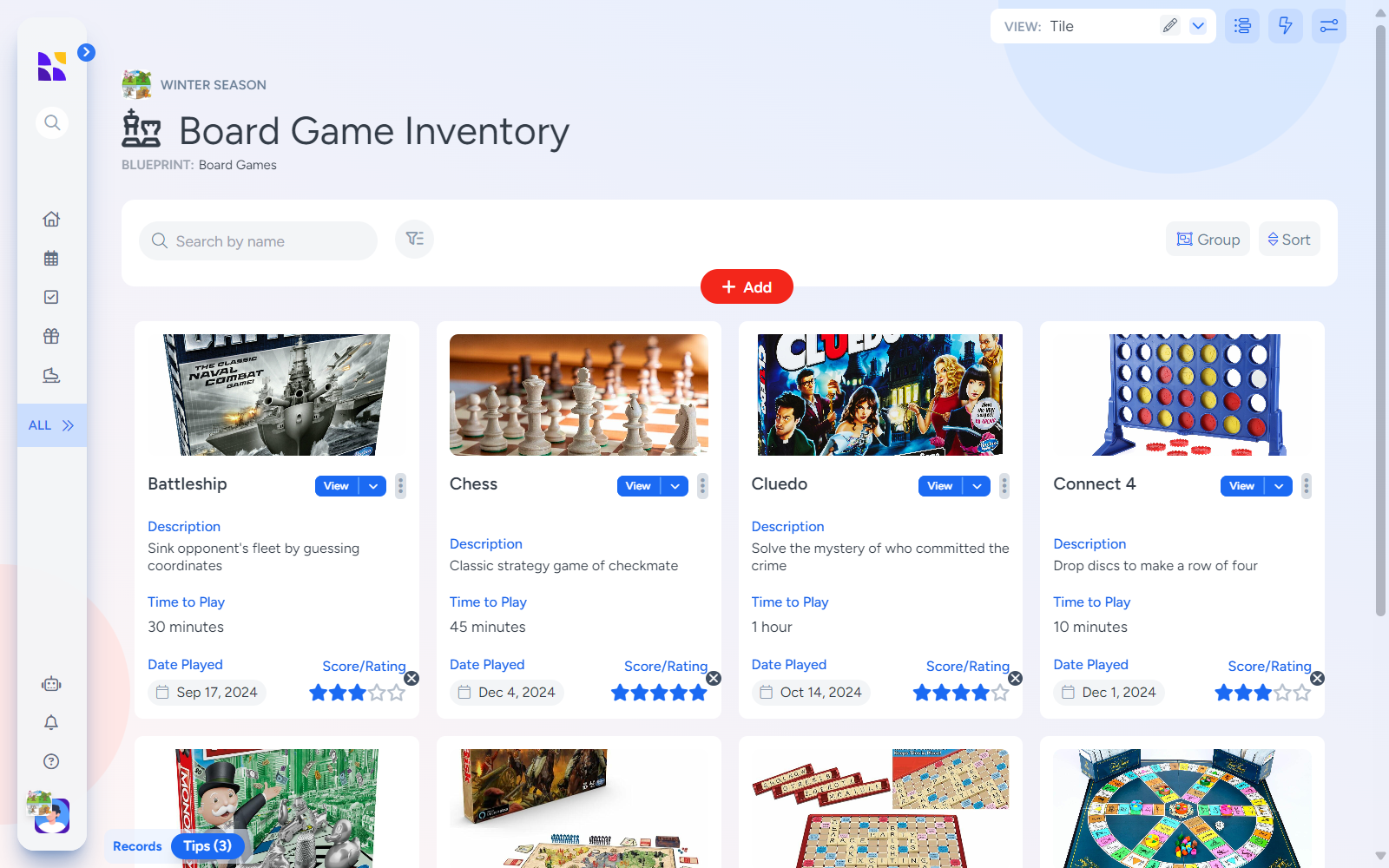 A tile-view page in Hylark showcasing a Board Game Inventory. Displays games like Battleship, Chess, and Cluedo with images, descriptions, playing times, dates played, and star ratings. Includes filters and custom tags for organizing game details.