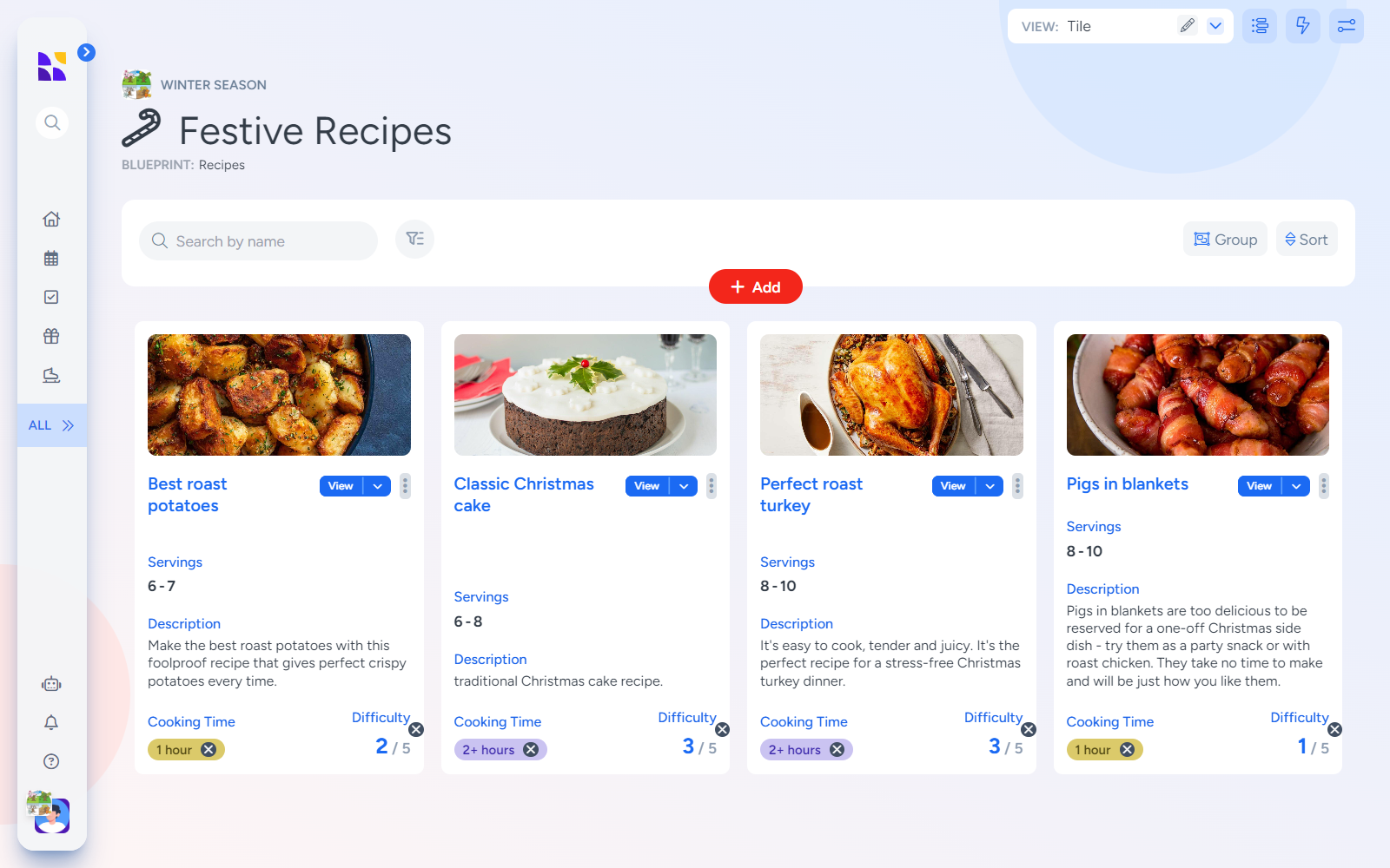 A tile-view page in Hylark displaying a Festive Recipes collection. Each tile features a recipe name, description, image, servings, cooking time, and difficulty rating. Recipes like roast potatoes and Christmas cake are visually organized for easy browsing.