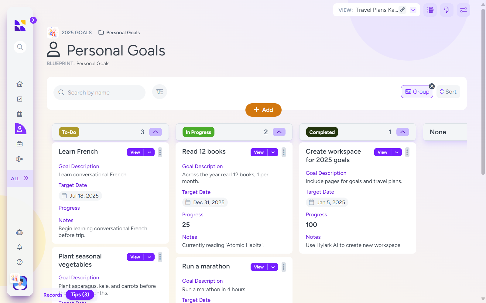 A user interface showcasing the 'Personal Goals' page in Hylark. The header displays the title 'Personal Goals' under the '2025 Goals' category with options to search, group, and sort goals. Below, goals are organized into columns labeled 'To-Do,' 'In Progress,' and 'Completed.' Each goal card includes details like the goal description, target date, progress percentage, and notes. Examples include 'Learn French,' 'Read 12 books,' and 'Run a marathon.' The sidebar on the left features navigation icons for different sections of the platform, and an orange '+ Add' button at the top allows users to create new goals.