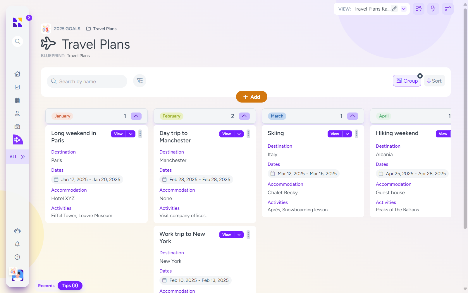 A user interface displaying the 'Travel Plans' page in Hylark, part of the '2025 Goals' category. The header includes the title 'Travel Plans' and options to search, group, and sort travel entries. Below, travel plans are organized into monthly columns labeled 'January,' 'February,' 'March,' and 'April.' Each card contains details such as destination, dates, accommodation, and activities. Examples include 'Long weekend in Paris' with activities like visiting the Eiffel Tower, 'Skiing in Italy,' and 'Hiking weekend in Albania.' An orange '+ Add' button at the top allows users to create new entries, and the left sidebar shows navigation icons for other sections of the platform.