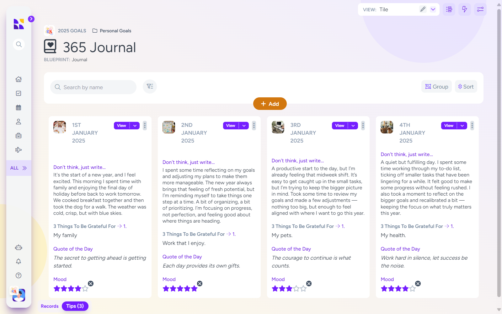 A user interface displaying the '365 Journal' page in Hylark, part of the '2025 Goals' category, organized in a tile view. Each tile represents a journal entry for a specific date, starting with January 1st, 2025, and includes prompts like 'Don't think, just write...' followed by reflections, '3 Things to Be Grateful For,' a 'Quote of the Day,' and a mood rating displayed as stars. Examples of quotes include 'The secret to getting ahead is getting started' and 'The courage to continue is what counts.' The page allows for creating new entries with a '+ Add' button at the top, and navigation options appear on the left sidebar for other sections of the platform.