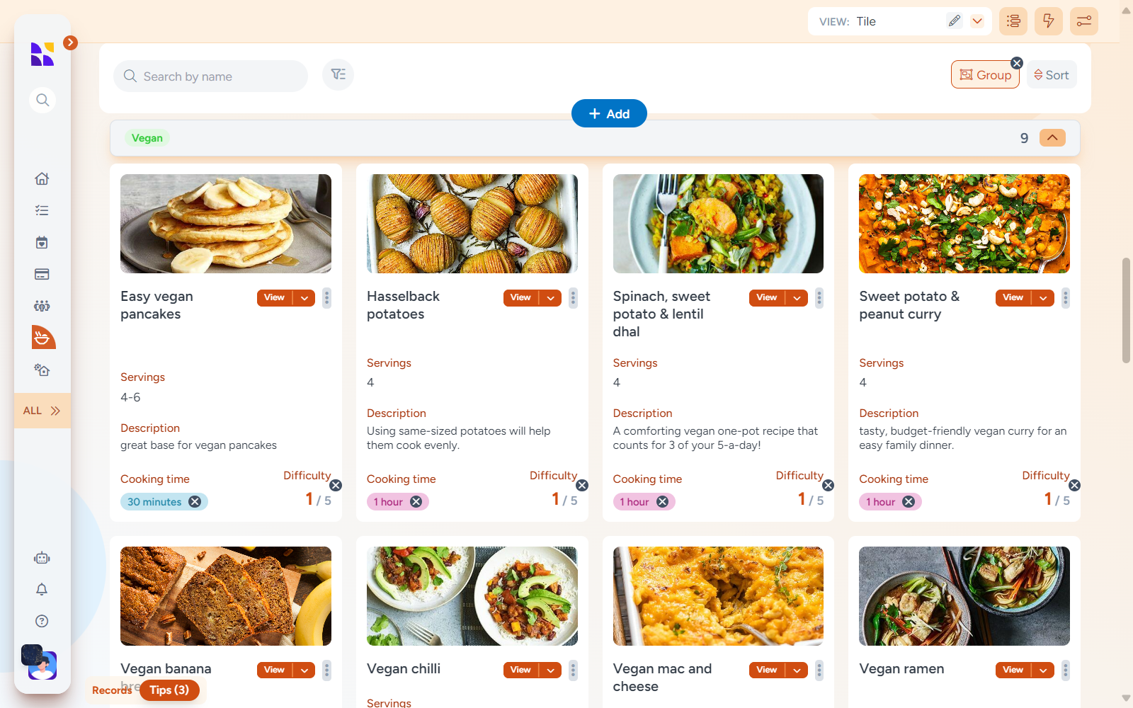 A user interface showcasing a 'Vegan' recipe collection in Hylark, organized in a tile view. The page features a variety of recipes displayed as cards with images, including 'Easy vegan pancakes,' 'Hasselback potatoes,' 'Spinach, sweet potato & lentil dhal,' and 'Sweet potato & peanut curry.' Each card includes details like servings, a brief description, cooking time, and difficulty level. For example, the 'Easy vegan pancakes' recipe serves 4-6, takes 30 minutes to cook, and has a difficulty rating of 1/5. An orange sidebar with navigation icons appears on the left, and a blue '+ Add' button is located at the top center for adding new entries.