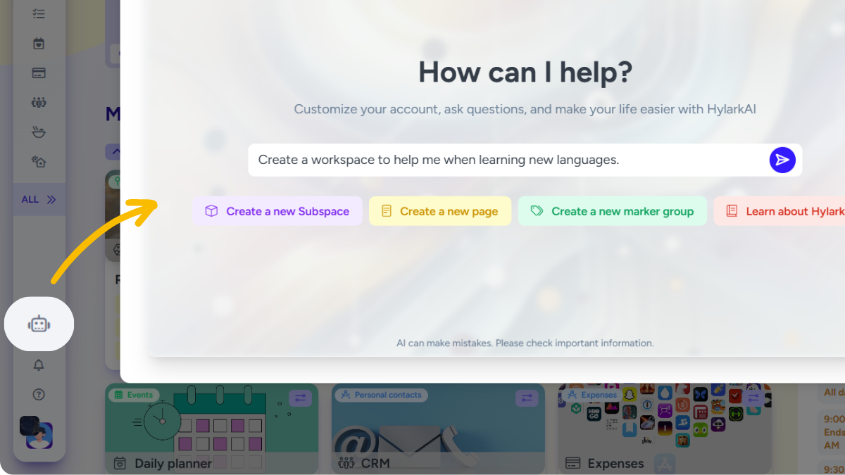 A close-up of a screen within the Hylark platform, showcasing the AI assistant interface that helps users customize their experience. There are options for creating a new subspace, page, marker group, or learning more about Hylark. Below, visual representations of various workspaces and tools available within the app, such as CRM, daily planner, and personal contacts.