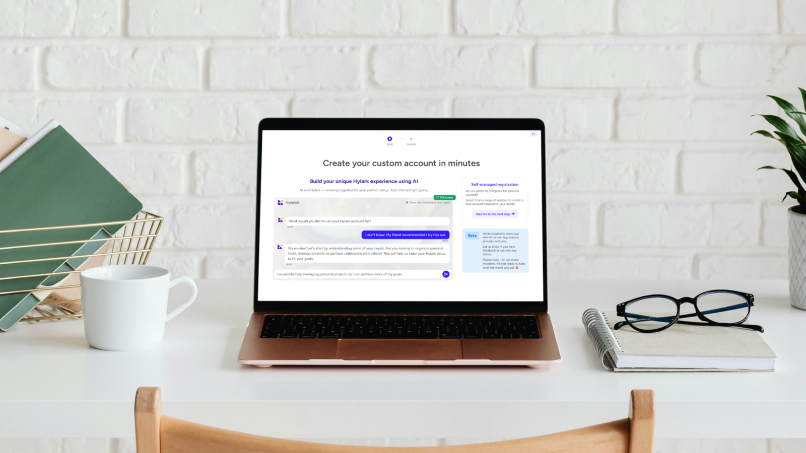 A workspace setup featuring a laptop on a desk with a clean, minimalistic design. The screen shows the Hylark AI interface guiding users through the process of creating a custom account using AI. There are also options to build a unique experience by selecting how the user intends to use Hylark.