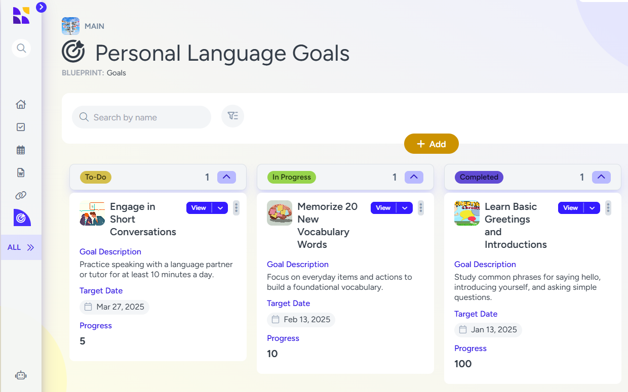 Screenshot of a Hylark workspace showing a Personal Language Goals page in a Kanban view. The page is divided into columns labeled 'To-Do,' 'In Progress,' and 'Completed.' Each goal card includes details such as the goal title, description, target date, and progress percentage. Examples include 'Engage in Short Conversations' under To-Do, 'Memorize 20 New Vocabulary Words' under In Progress, and 'Learn Basic Greetings and Introductions' under Completed. The interface features a clean design with options to add new goals, group, and sort the displayed items.