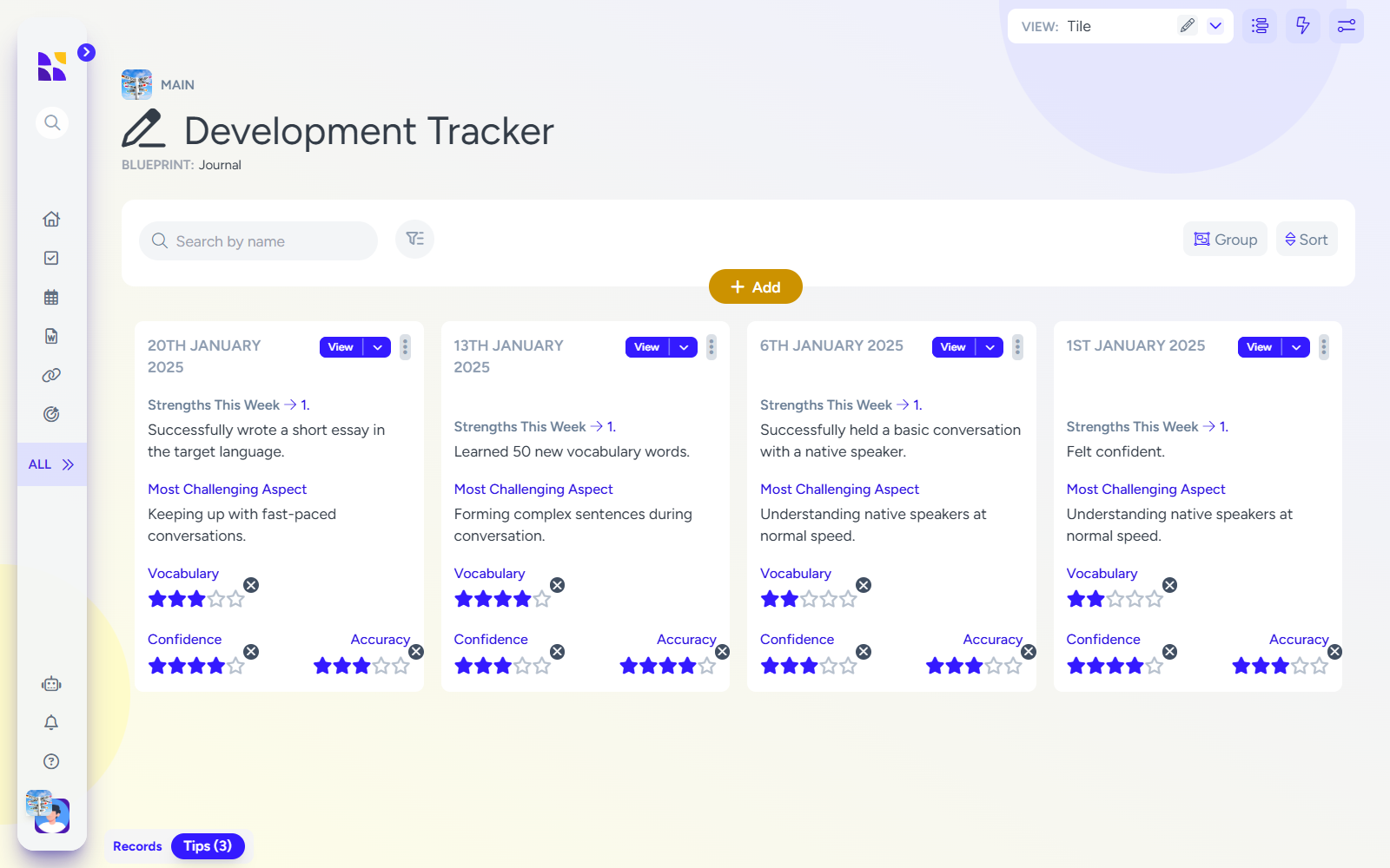 Screenshot of a Hylark workspace showing a Development Tracker page. The page displays journal entries for tracking weekly progress, each card featuring fields such as 'Strengths This Week,' 'Most Challenging Aspect,' and skill ratings for Vocabulary, Confidence, and Accuracy using star ratings. Entries are dated (e.g., 20th January 2025, 13th January 2025) and include progress notes like 'Successfully wrote a short essay in the target language' and challenges such as 'Keeping up with fast-paced conversations.' The interface allows adding new entries and sorting or grouping the displayed cards."